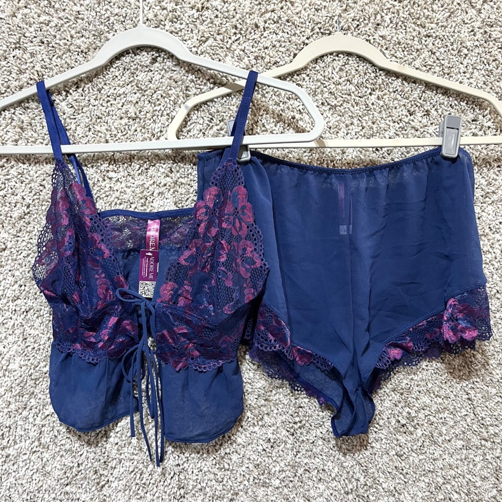 Adore Me Blue/Magenta Floral Lace Camisole + Underwear Lingerie Set Medium NEW